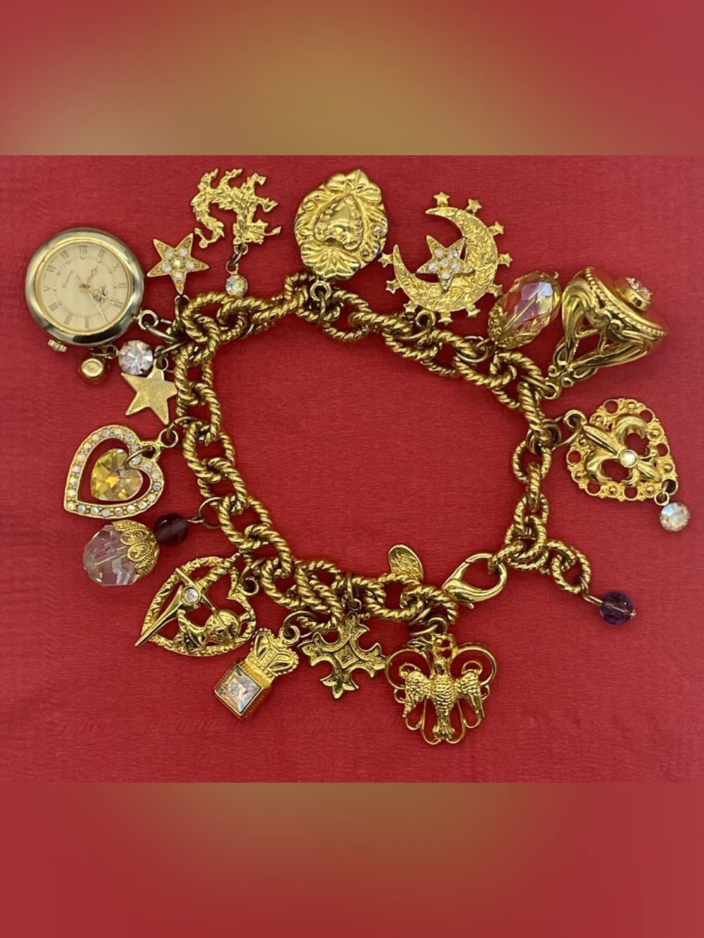 Kirk's Folly Camelot of Time Watch Charm Bracelet Heart Moon Star Cross Crystal
